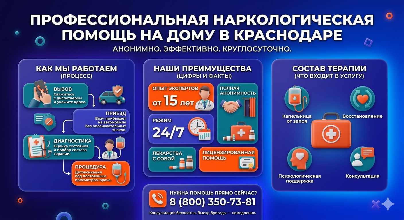 Инфографика о принципах лечения алкоголизма на дому в Славянске-на-Кубани: этапы вызова нарколога, преимущества анонимной детоксикации и состав медицинской помощи.